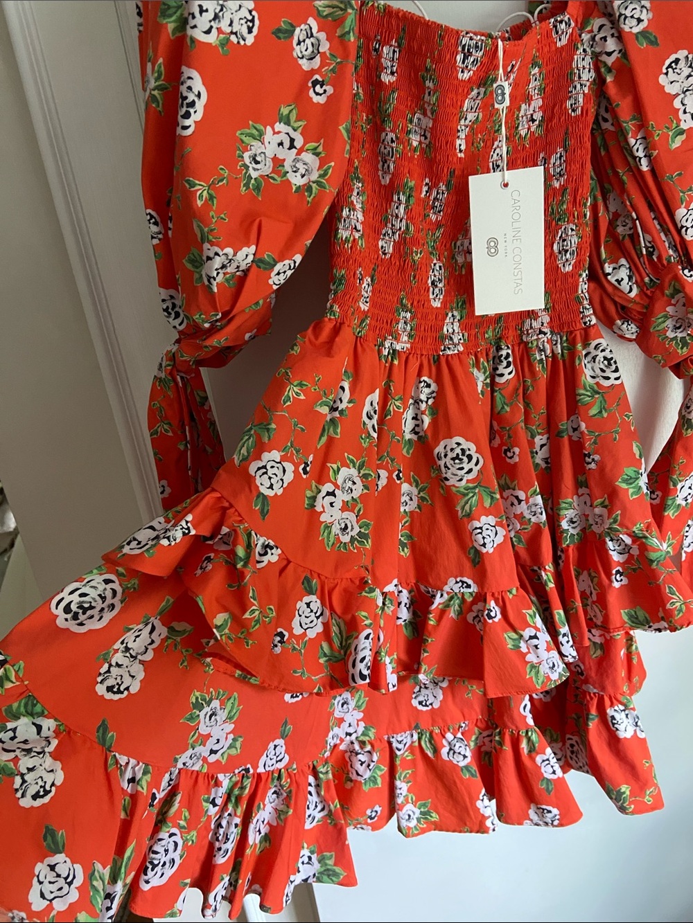 Caroline Constas Coral-Red Floral Puff-Sleeve Tiered Mini Dress - Picture 4 of 4